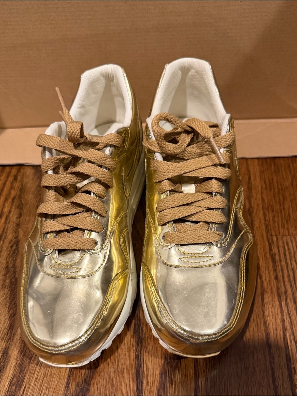 Nike Air Max 90 Metallic Gold Sneakers with Tan Laces